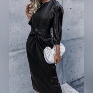 Zara Black Faux Leather Draped Belted Long Sleeve Midi Dress